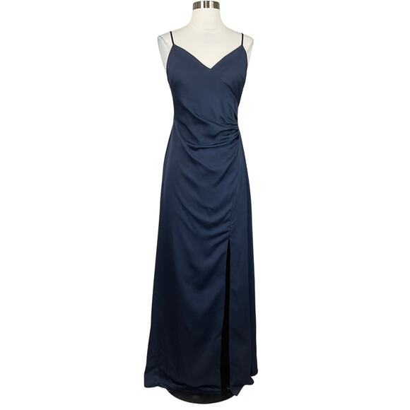 AQUA Women's Formal Dress Size 6 Blue Satin Cut Out Back Thigh Slit Long Gown - Picture 1 of 10